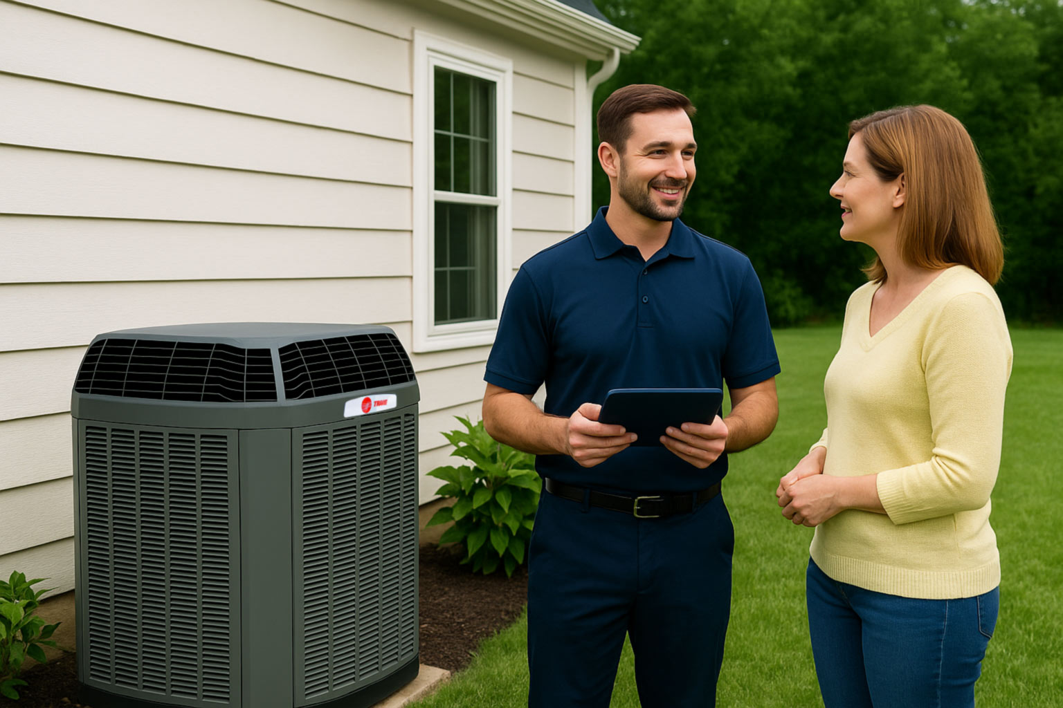 HVAC technician and homeowner smiling beside a realistically sized outdoor unit next to a detailed Georgia home, standing on a tidy lawn under natural daylight