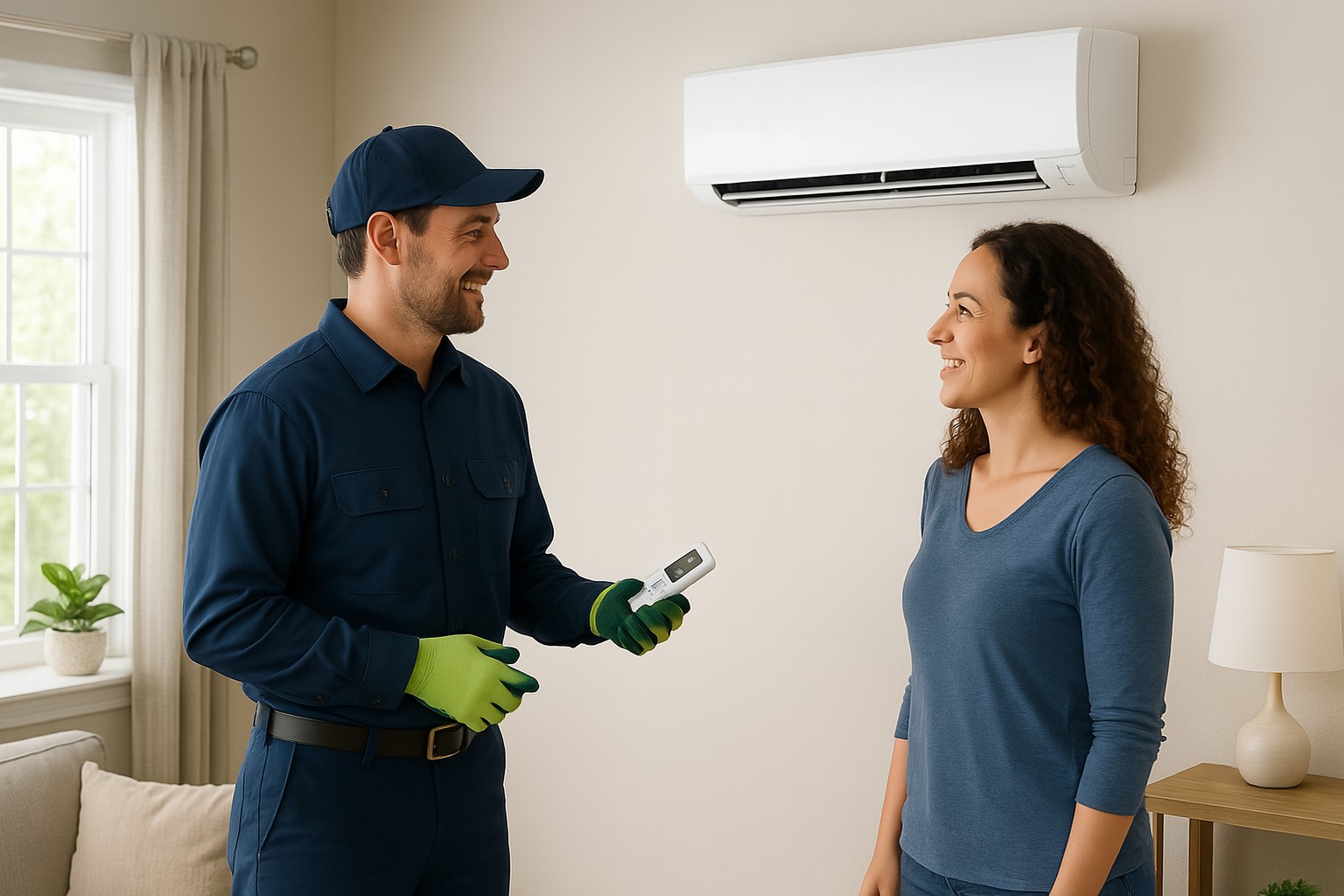HVAC technician explaining a wall-mounted mini split system to a homeowner in a bright Georgia living room