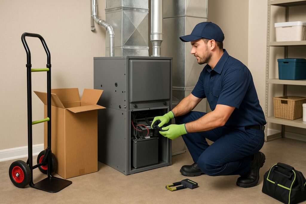 HVAC technician installing a new furnace in a utility room, with a dolly and open packaging nearby, aligning the unit and preparing it for setup in a Georgia home