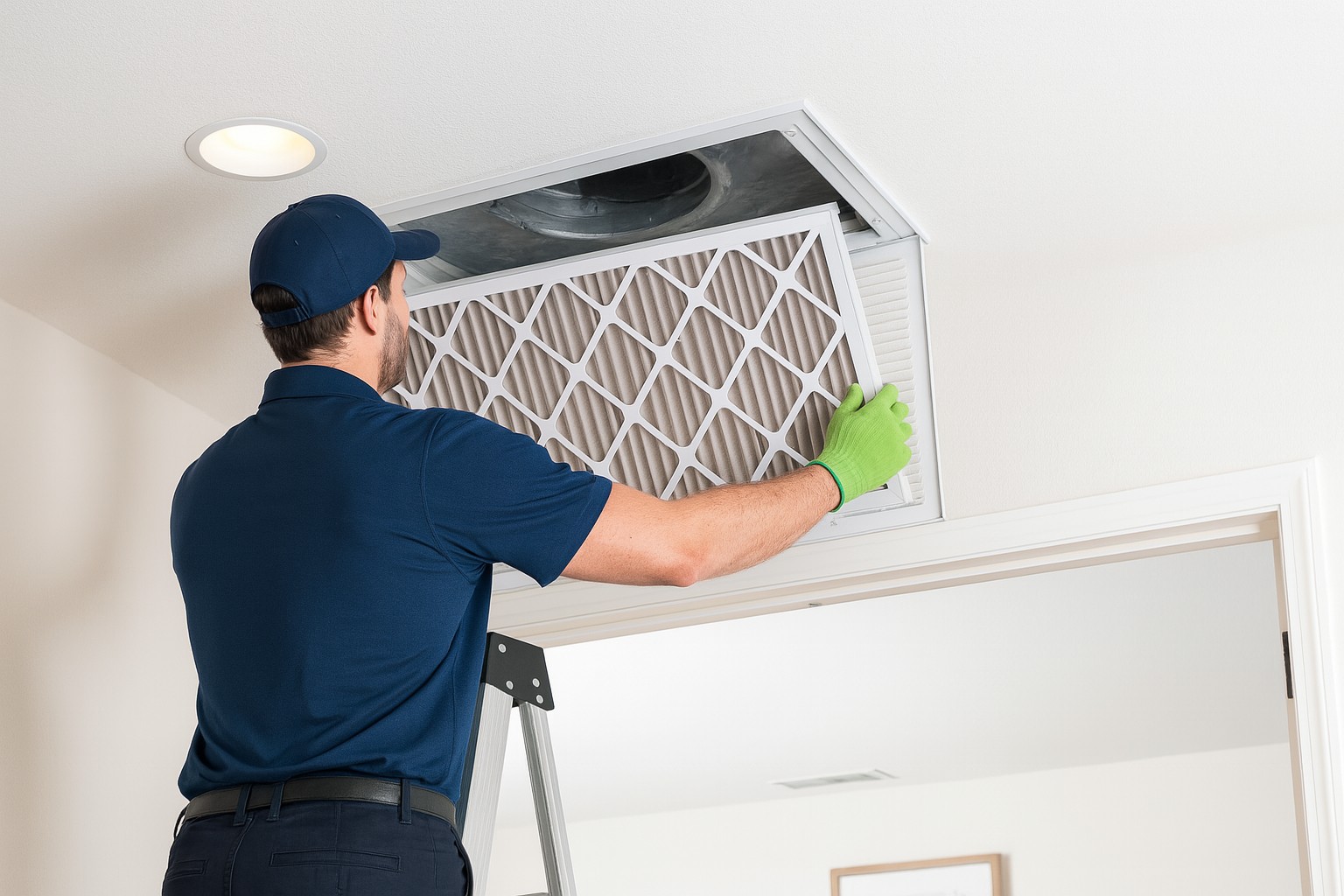 HVAC technician on a ladder replacing a ceiling-mounted air filter in a bright Georgia home, wearing a navy uniform and lime green gloves
