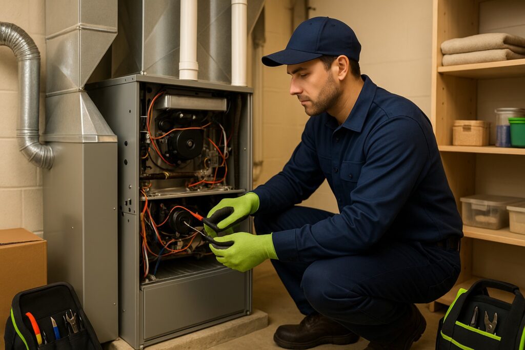 HVAC technician repairing a residential furnace inside a utility room, using tools to test wiring with the access panel open in a warm, softly lit space