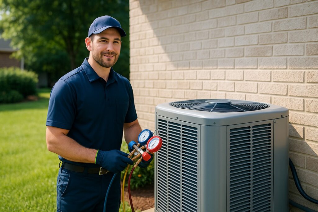 HVAC technician servicing a central air conditioning unit next to a suburban Georgia home on a sunny day, wearing a navy and lime green uniform.