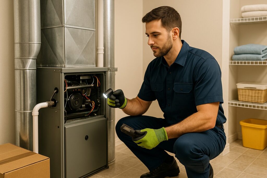 HVAC technician servicing a furnace inside a Georgia home, kneeling beside the unit in a clean utility room with warm, professional lighting