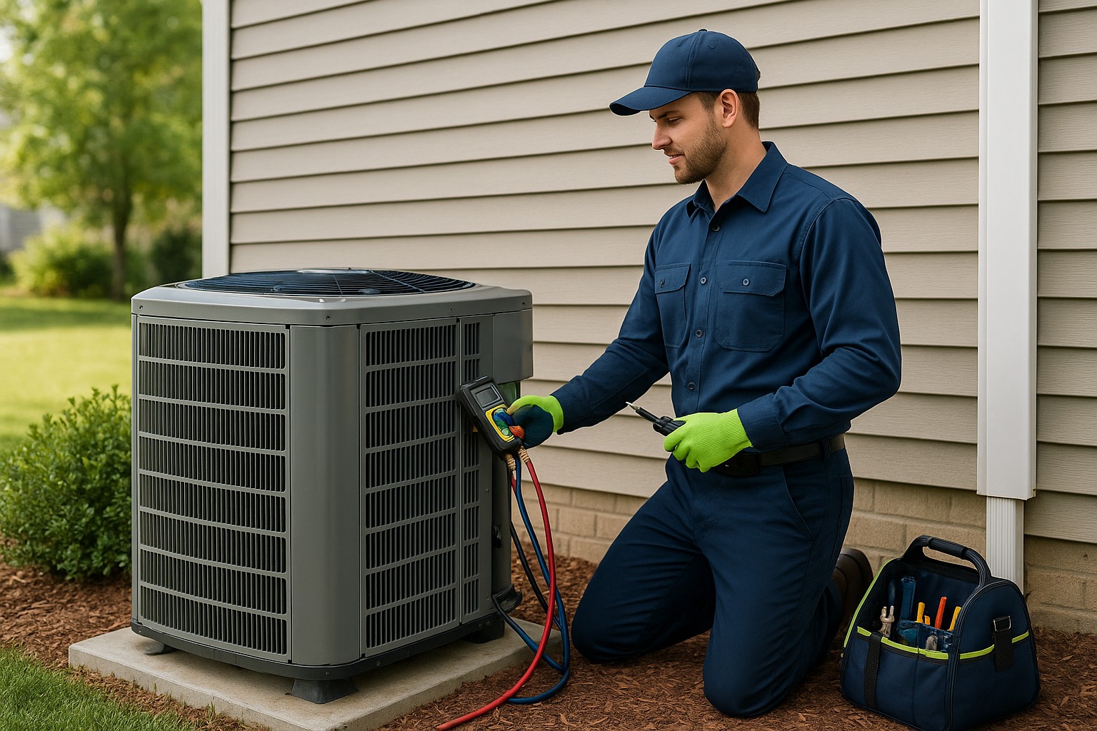 HVAC technician servicing a residential heat pump outside a Georgia home, inspecting the unit with tools in hand on a bright, sunny day