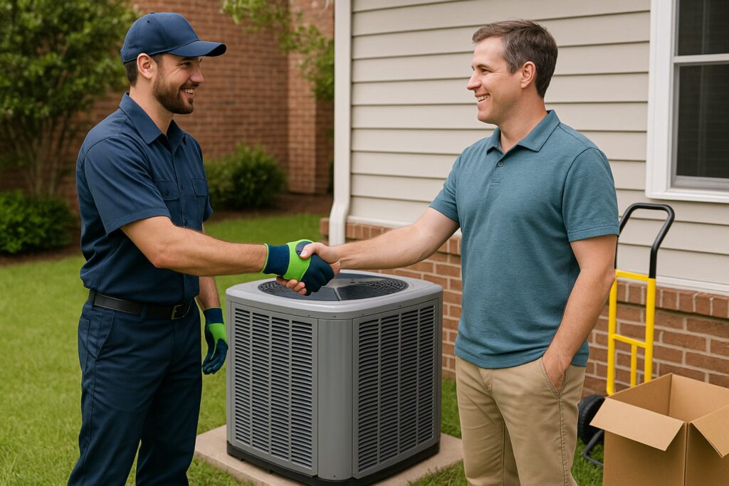 HVAC technician shaking hands with a homeowner beside a newly delivered AC unit, with a dolly and open boxes nearby, outside a suburban Georgia home