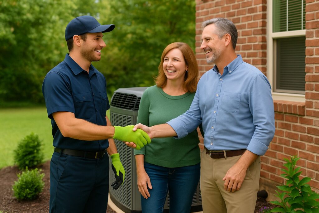 HVAC technician shaking hands with a smiling homeowner beside an outdoor unit while the couple looks happy and appreciative, standing outside a Georgia home