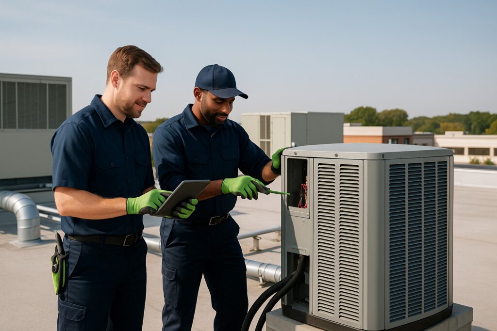 Two HVAC technicians servicing a commercial rooftop unit on a sunny day in Georgia, using diagnostic tools and standing beside large industrial HVAC equipment