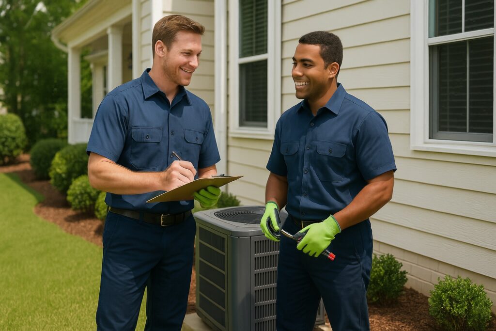 Two HVAC technicians with different appearances reviewing a maintenance checklist beside an outdoor unit, outside a Georgia home on a sunny day