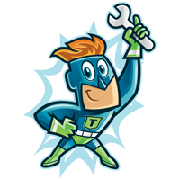 Cartoon HVAC technician mascot holding wrench with snowflake and flame symbols